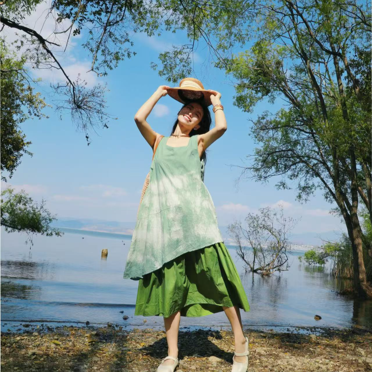 【大理蓝窝】绿渐变假两件背心裙植物染设计感气质简约大方清冷感