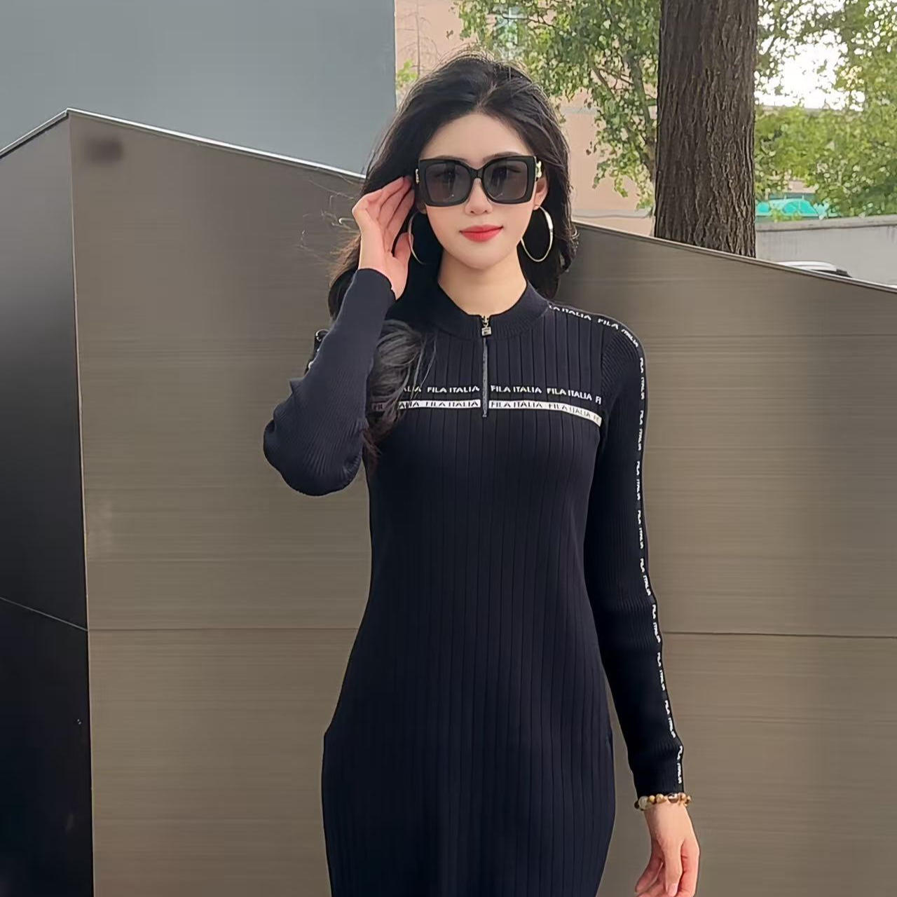 【流光风】/斐乐秋季连衣裙长袖简约收腰传奇蓝长裙F51W548301F