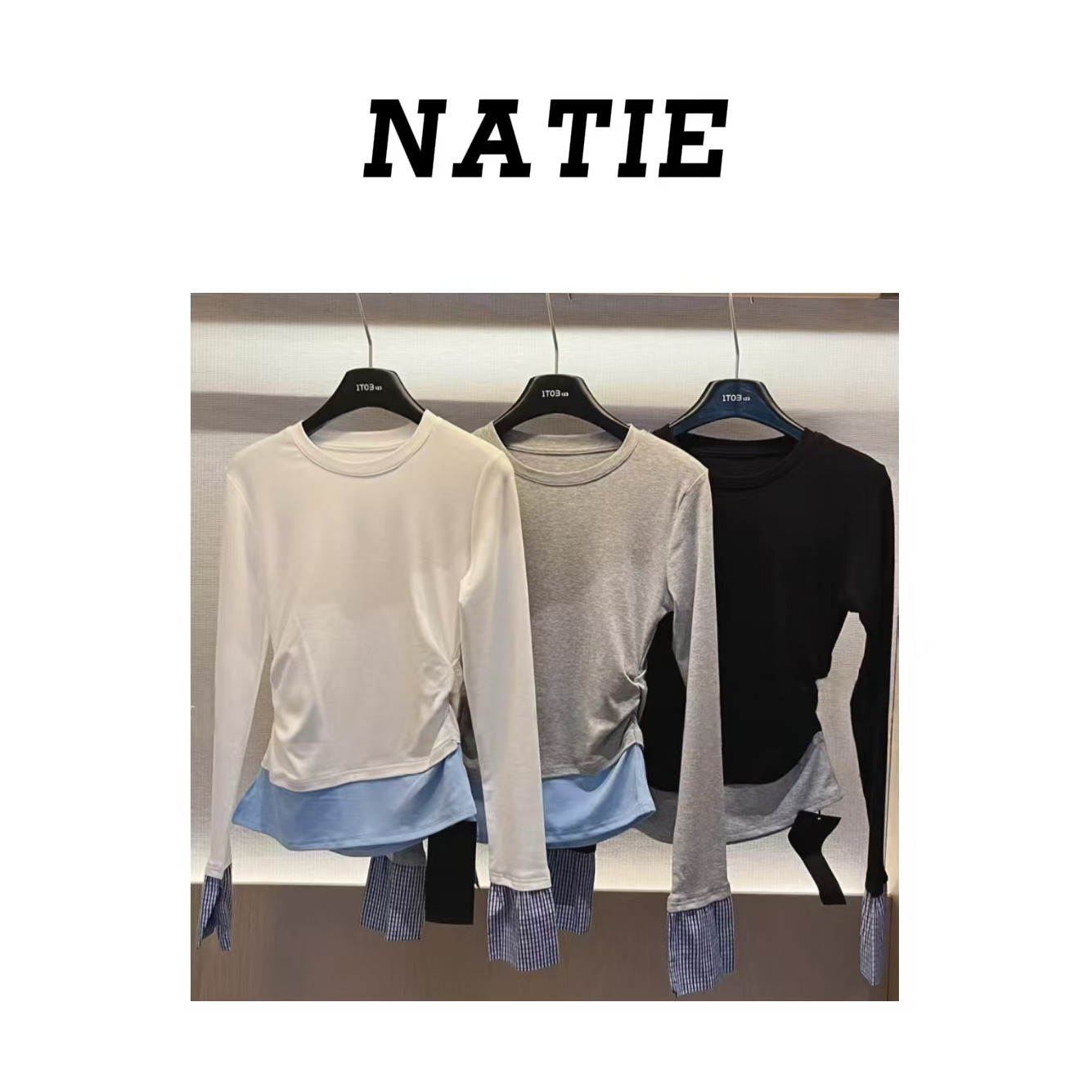 撞色格纹拼接长袖T恤女早春2025新款设计感假两件上衣