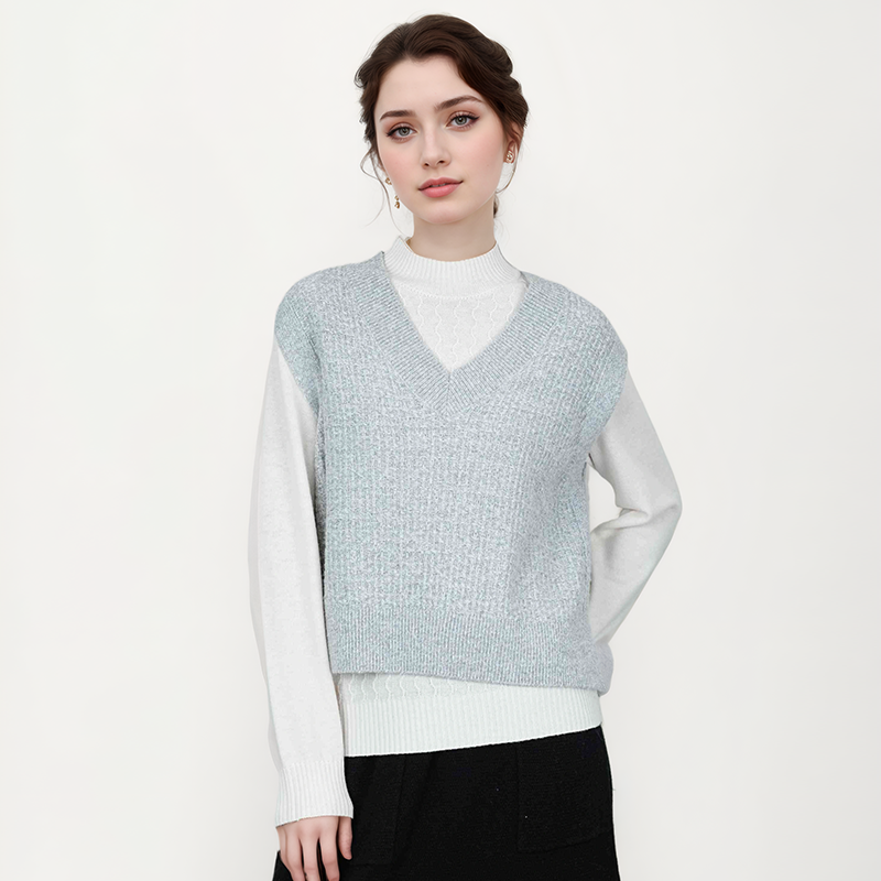 叠穿v领针织穿搭神器无袖混色灰色短款针织衫 花草  LB-TN1209