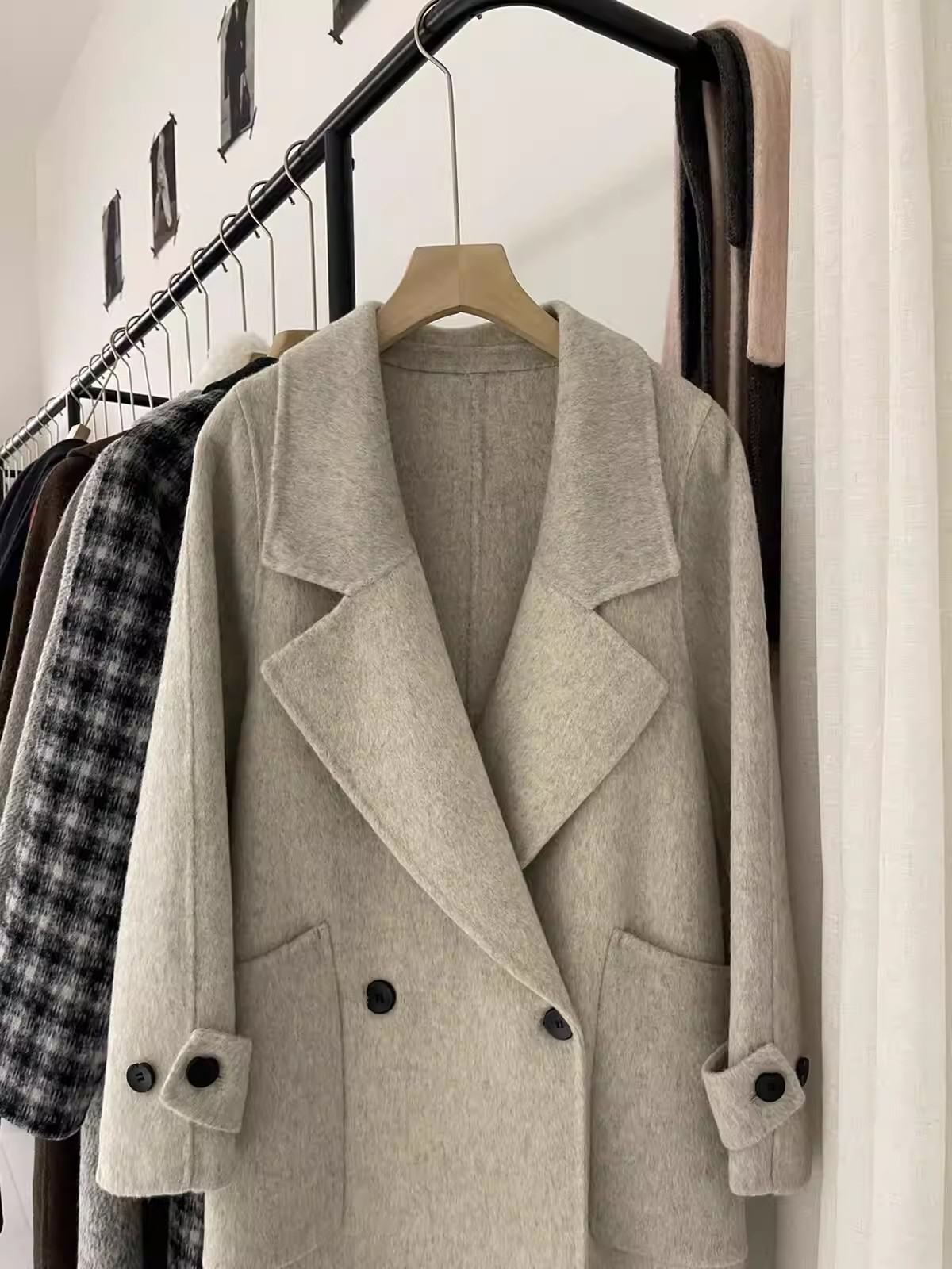 2025秋冬百搭新翻领长款宽松休闲慵懒风羊毛厚外套