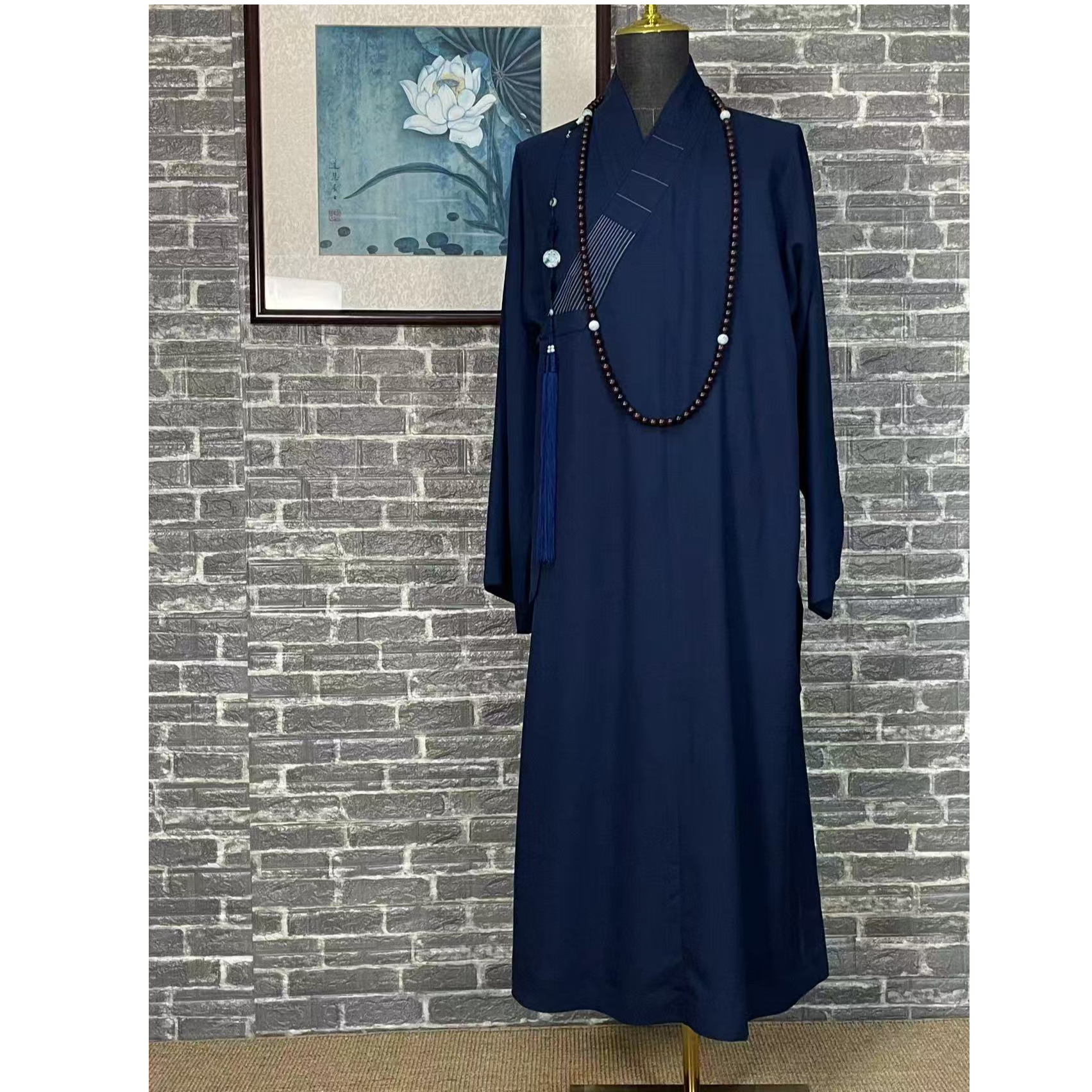 春秋款醋酸麻6687#深蓝灰蓝长褂短褂