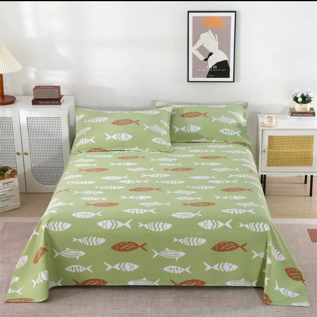 （0118）特厚老粗布床单吸汗透气1.95*2.45米（+－5公分）年年有鱼-绿