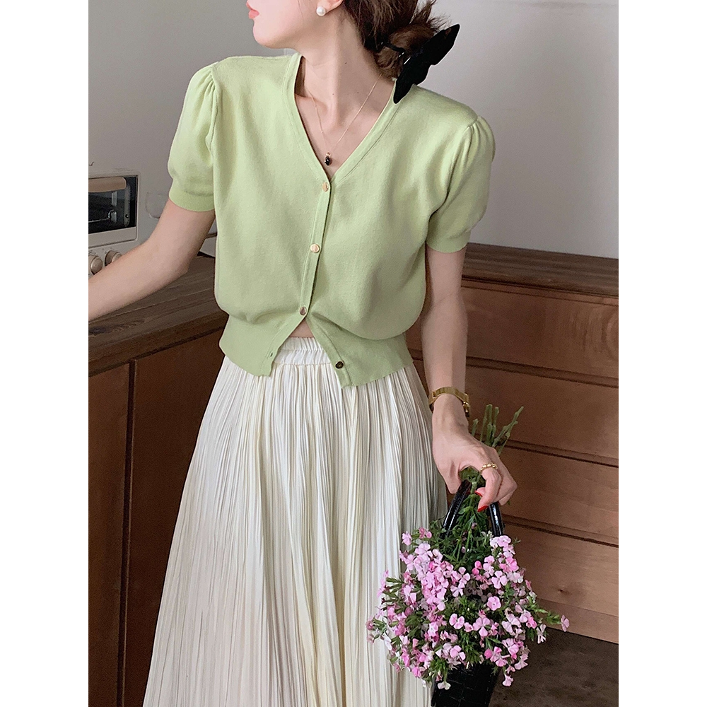 法式短袖t恤女夏薄牛油果绿泡泡袖针织小开衫冰丝短款v领上衣外套