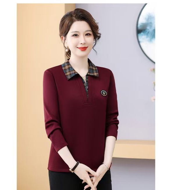 2025秋新款时尚妈妈装假两件翻领长袖T恤百搭休闲女装减龄上衣126