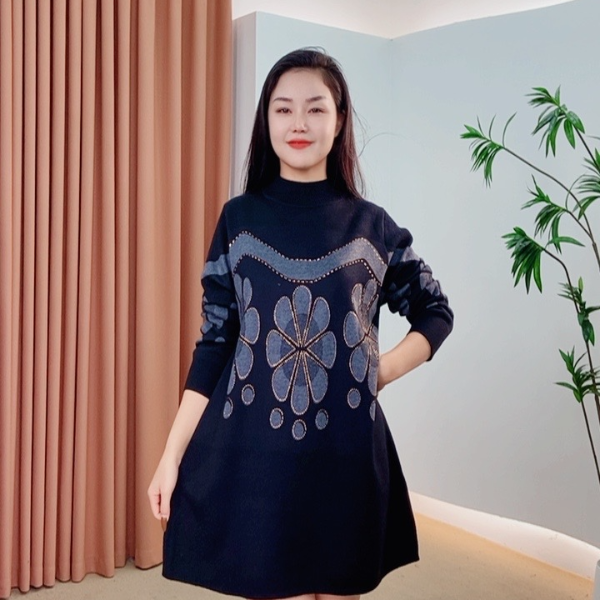  268时尚网红百搭显瘦秋冬针织连衣裙提花不褪色高弹力新中式