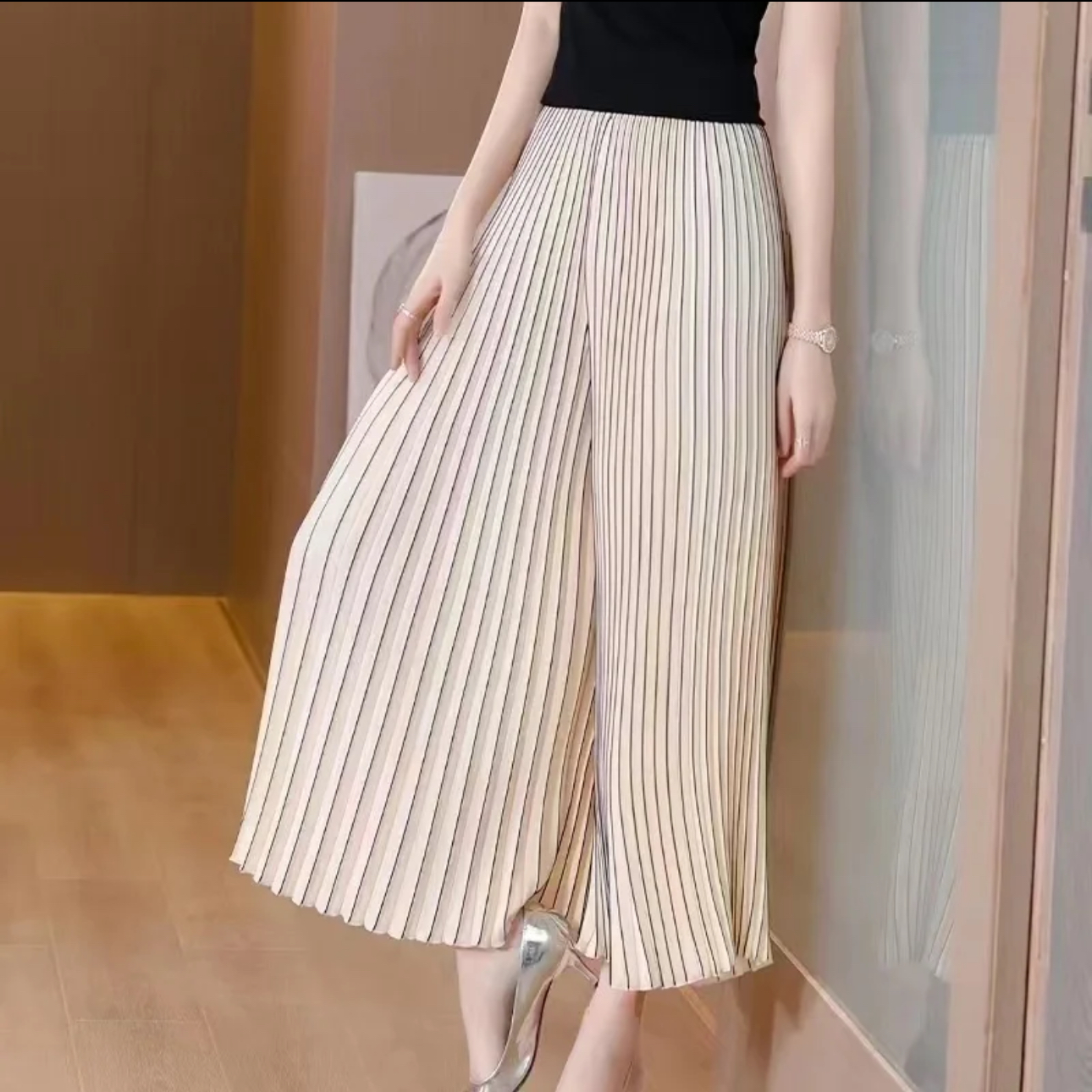 褶皱高腰显瘦百搭宽松垂感休闲琴阔腿裤女非净版有条纹