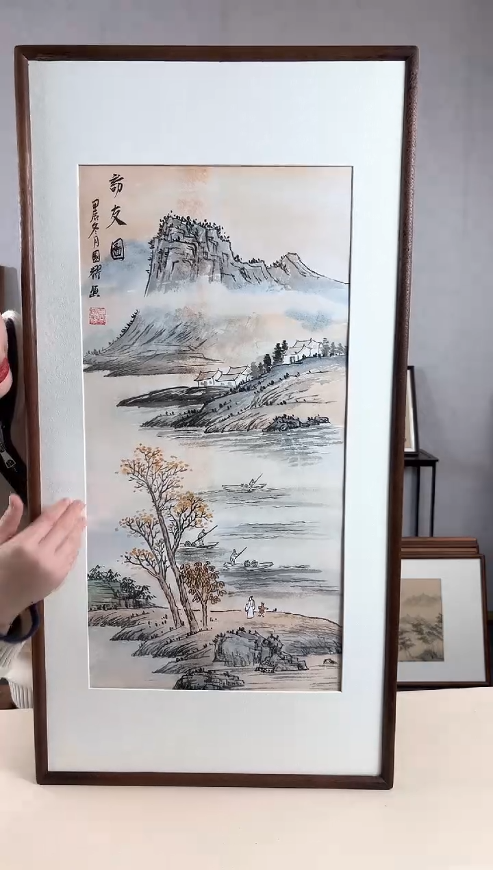 【闪购商品】国画手绘*访友图*47*92cm实木框