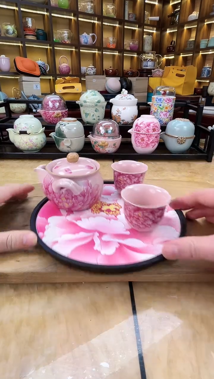 【闪购商品】粉汝牡丹宝瓶一壶两花口杯加圆粉牡丹盘