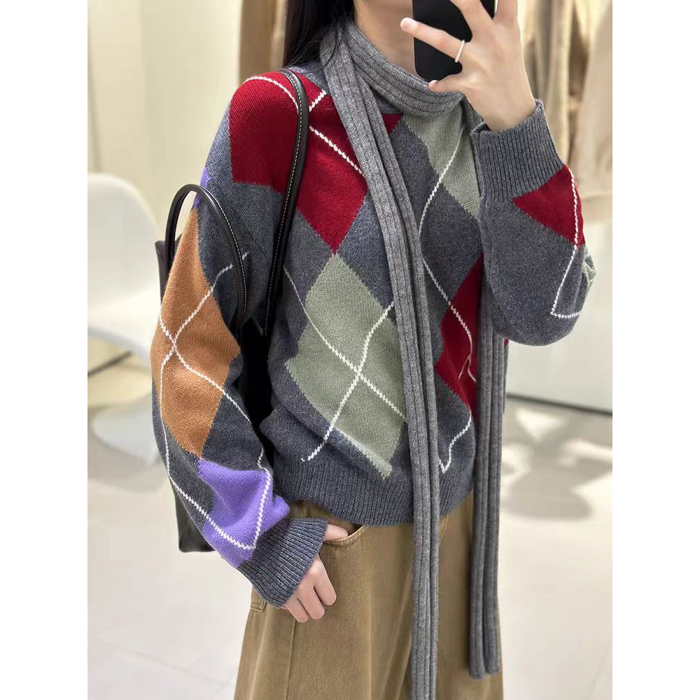 100%绵羊毛菱形格长袖撞色通勤女式羊毛衫25DZC0030
