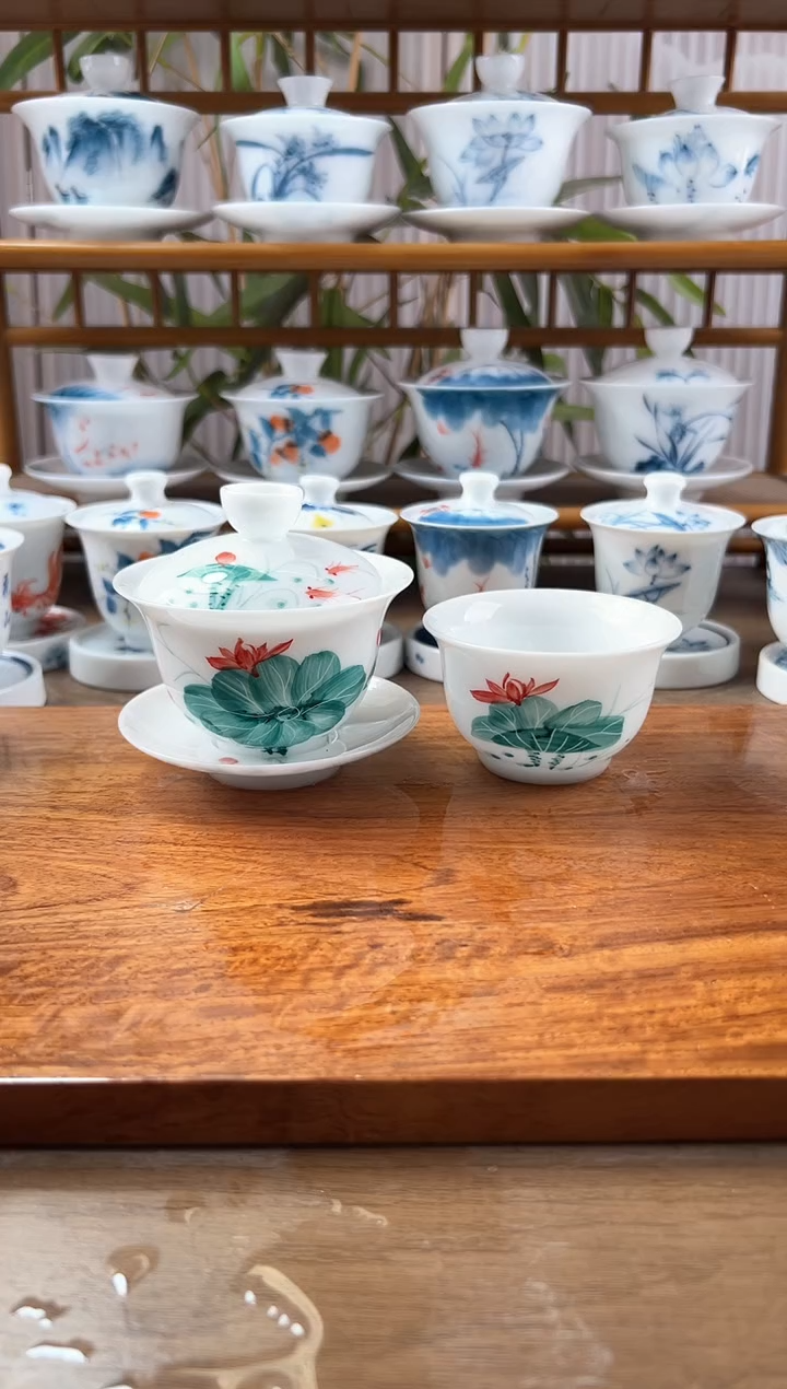 微瑕高冰绿荷150ml三才盖碗+压手杯