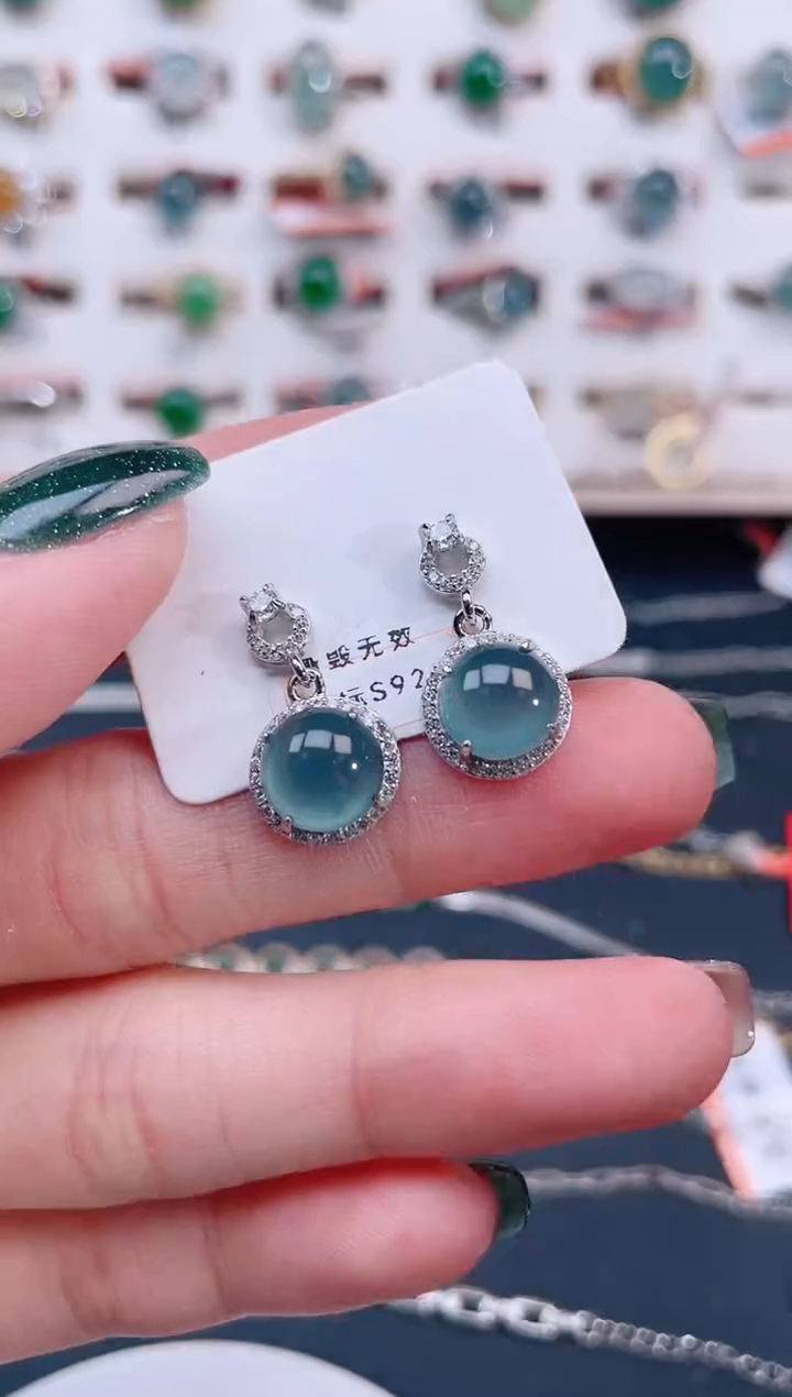 银S925镶嵌翡翠耳饰天然翡翠