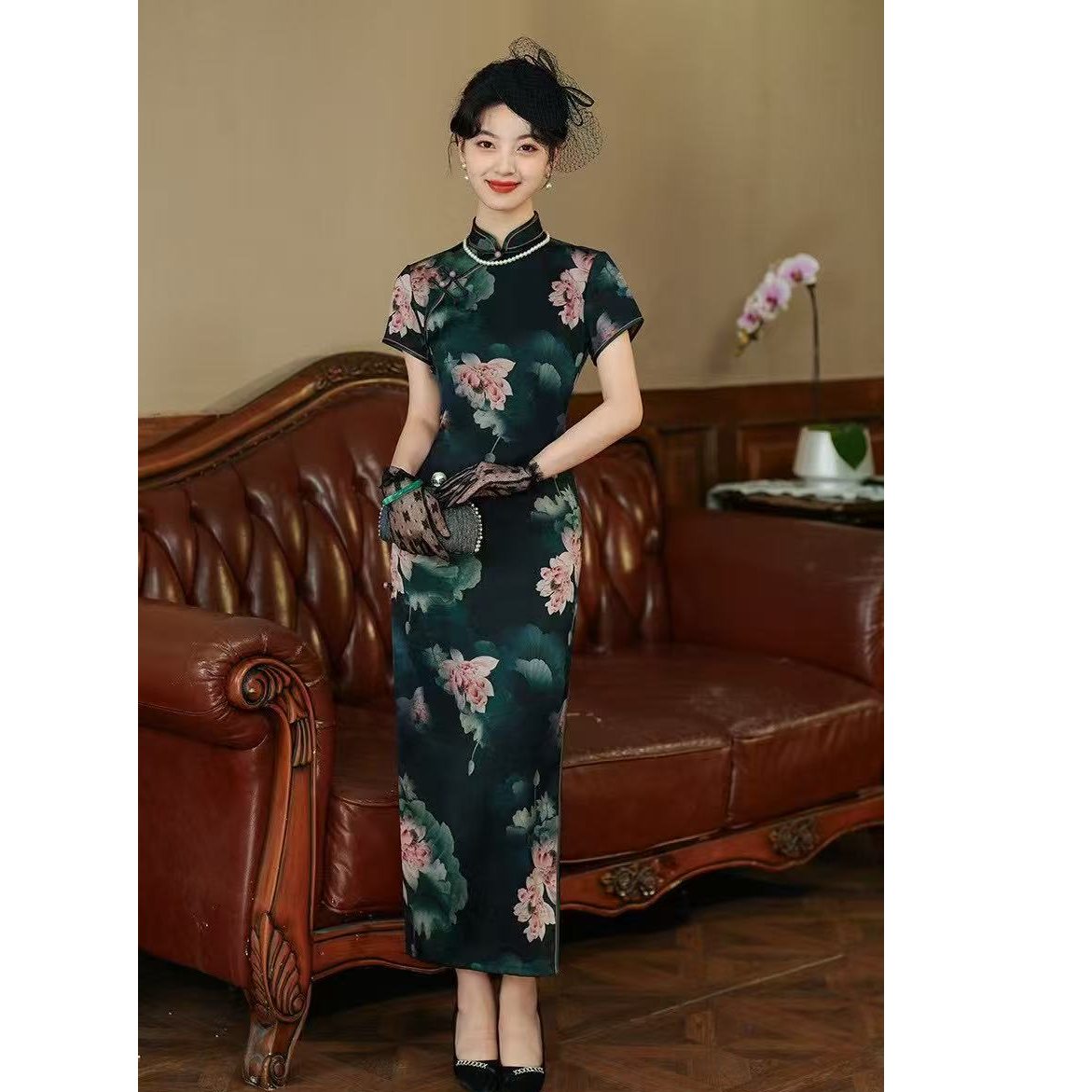 诗棠  气质复古优雅中长款修身衣长125旗袍
