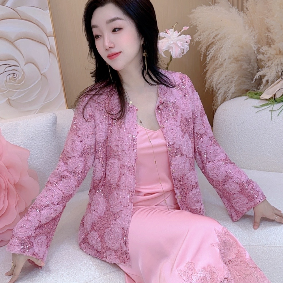 小满服饰【粉嫩姒花】春夏款唯美浪漫法式重工轻奢立体刺绣花朵开衫