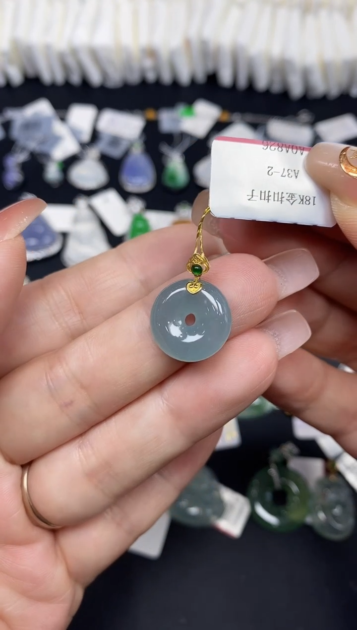 吊坠(不含链)18K金镶嵌翡翠平安扣18K金扣镶嵌@@A37-2