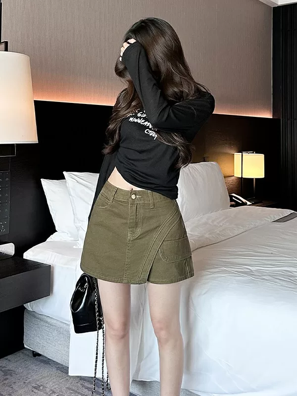 军绿色牛仔短裙女2025小个子夏季新款高腰显瘦a字不规则工装短裙