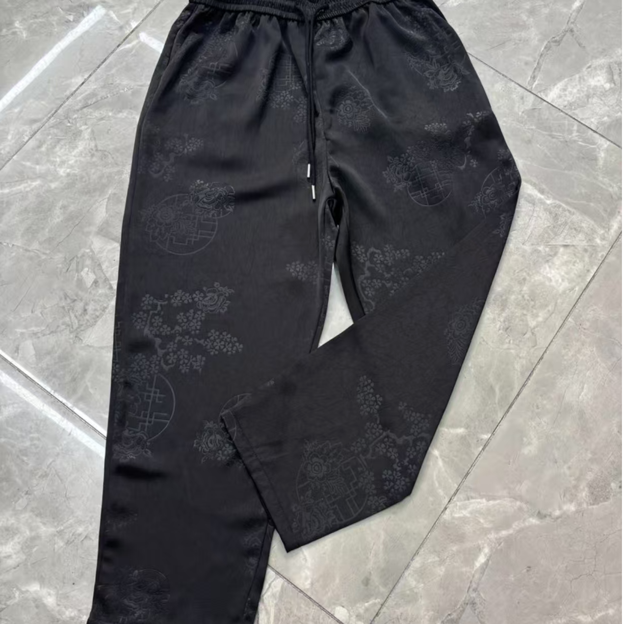 提花缎面阔腿裤女夏季新款高腰松紧宽松显瘦坠感阔腿裤