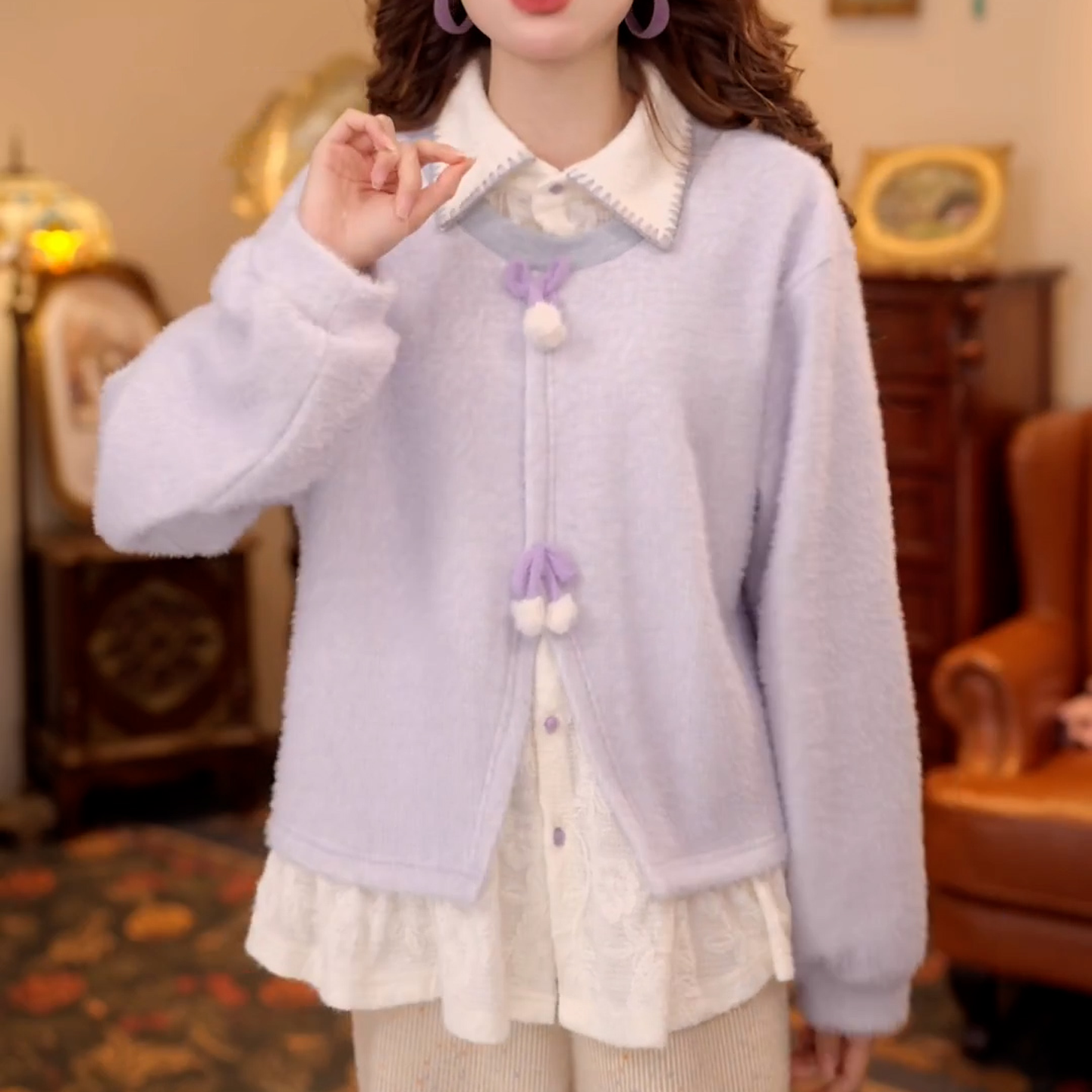 复古港风拼接假两件上衣女秋冬复古港风时尚百搭加厚保暖翻领上衣