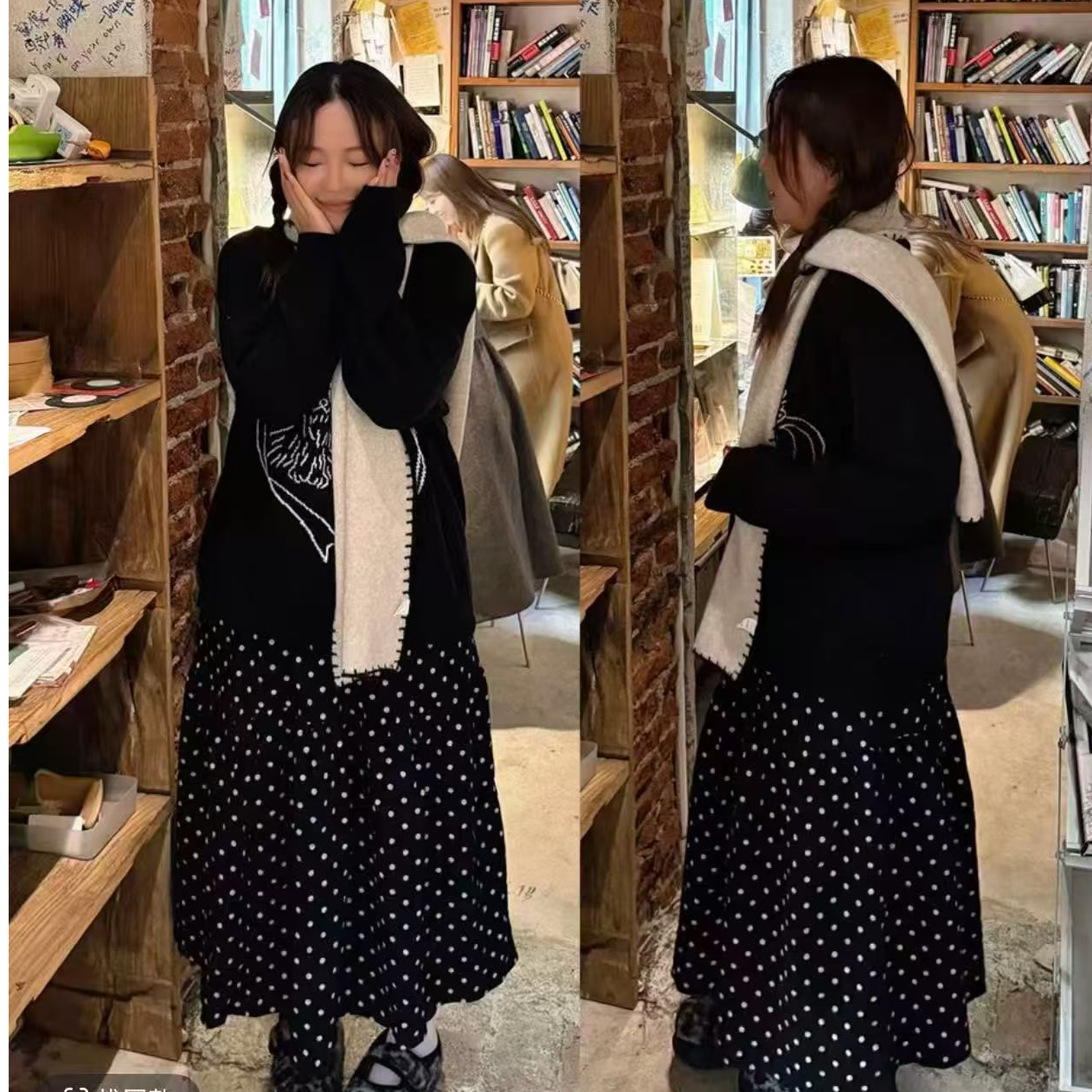 韩版秋冬法式减龄印图圆领加绒卫衣波点半身裙显瘦宽松两件套