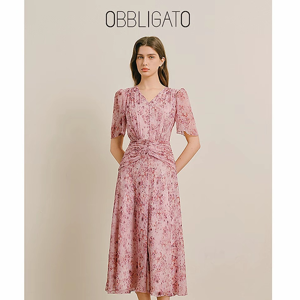 OBBLIGATO奥丽嘉朵2025夏季压褶印花连衣裙1C35205550