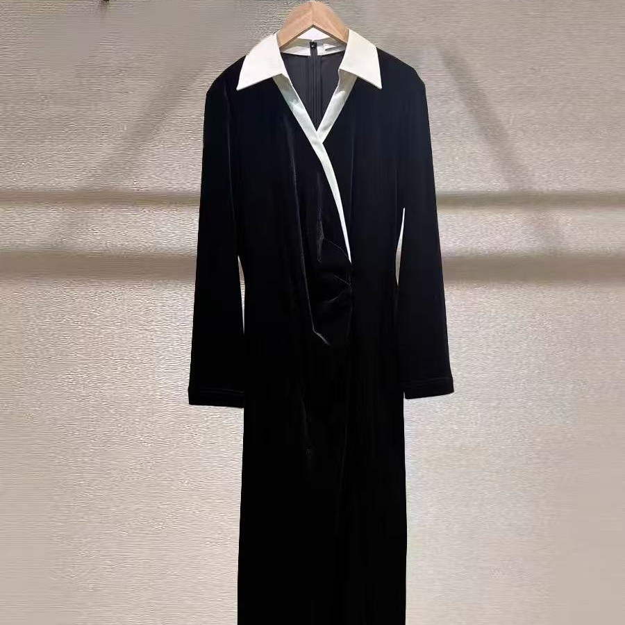 【商务通勤】G+秋季撞色翻领假两件收腰丝绒连衣裙0506