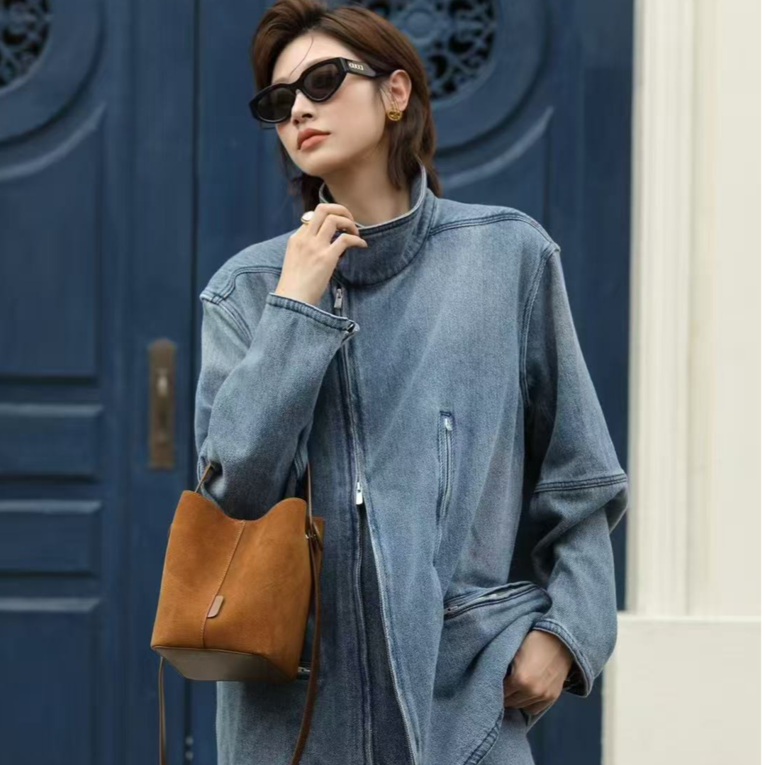 百豆2025新款软牛皮水桶包女复古风单肩斜挎包美拉德磨砂皮手提包