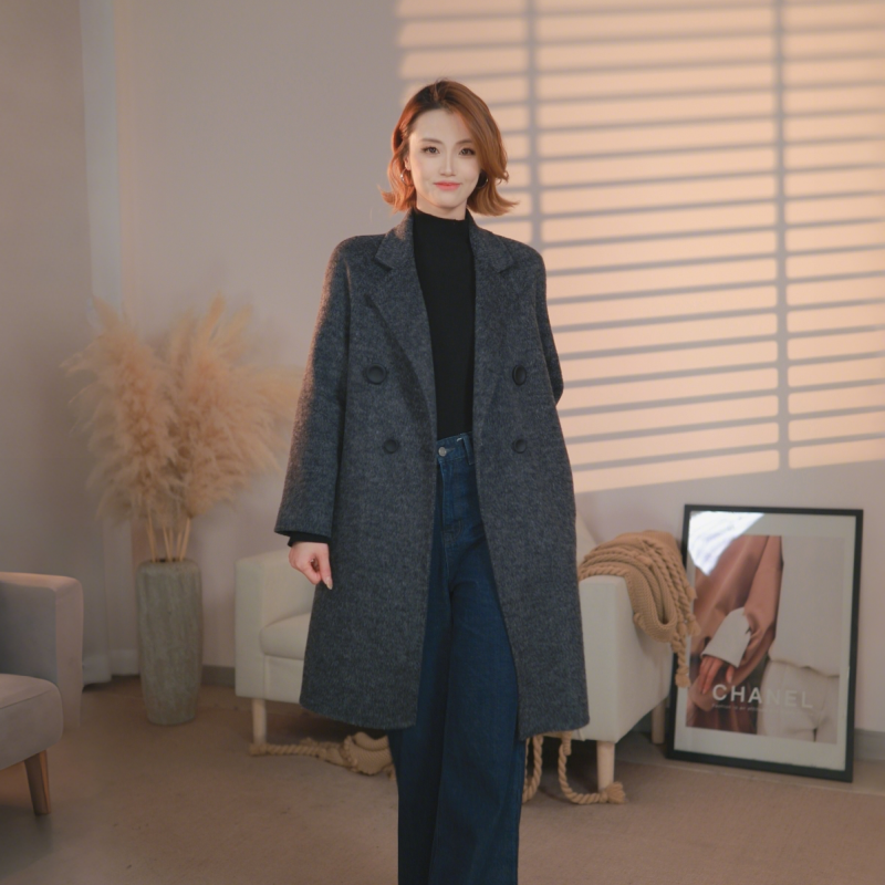 2025年冬新款时尚休闲欧版西装领双面呢大衣女中长款羊毛外套