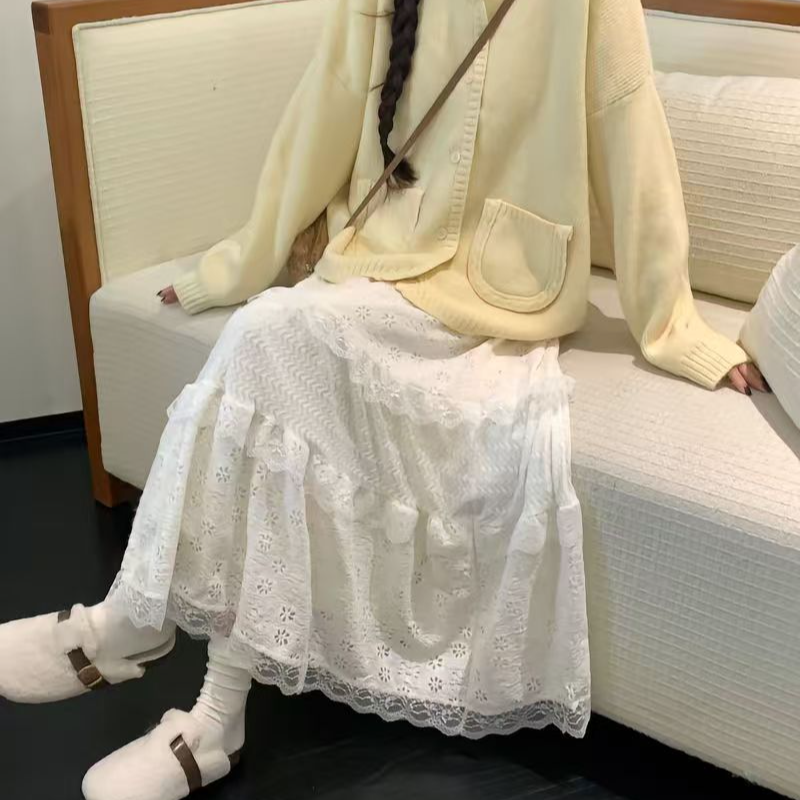 蕾丝蛋糕半身裙长裙显瘦高腰气质复古法式长款收腰温柔风小香风