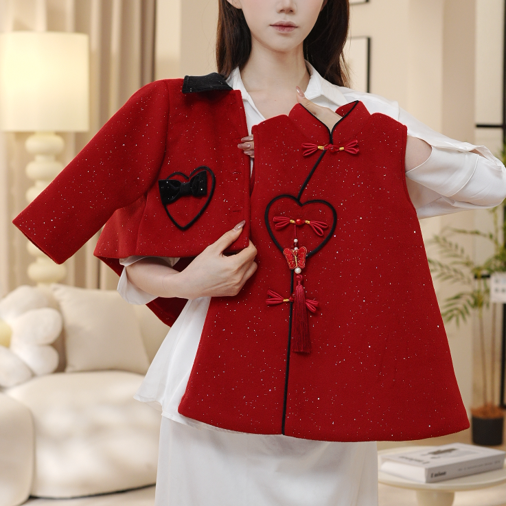 【熙】冬季女童高级感红色加厚小香风上衣外套背心裙两件套DA30875