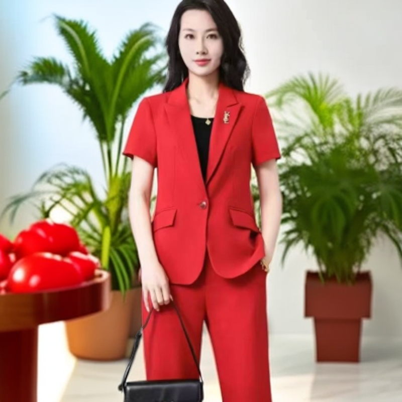 闽南喜事新款红套装红色修身气质职业直筒裤西服洋气正装小西装