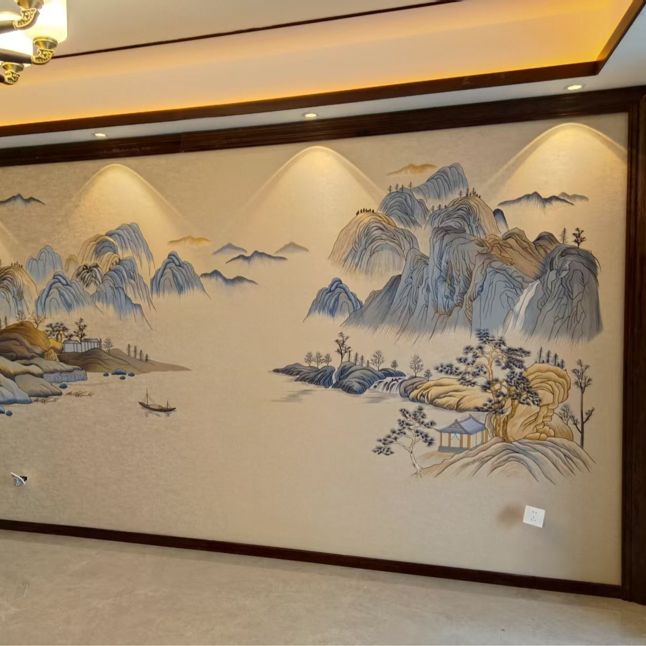 独绣客厅沙发电视壁画背景墙布悠然山居刺绣壁布无缝墙布