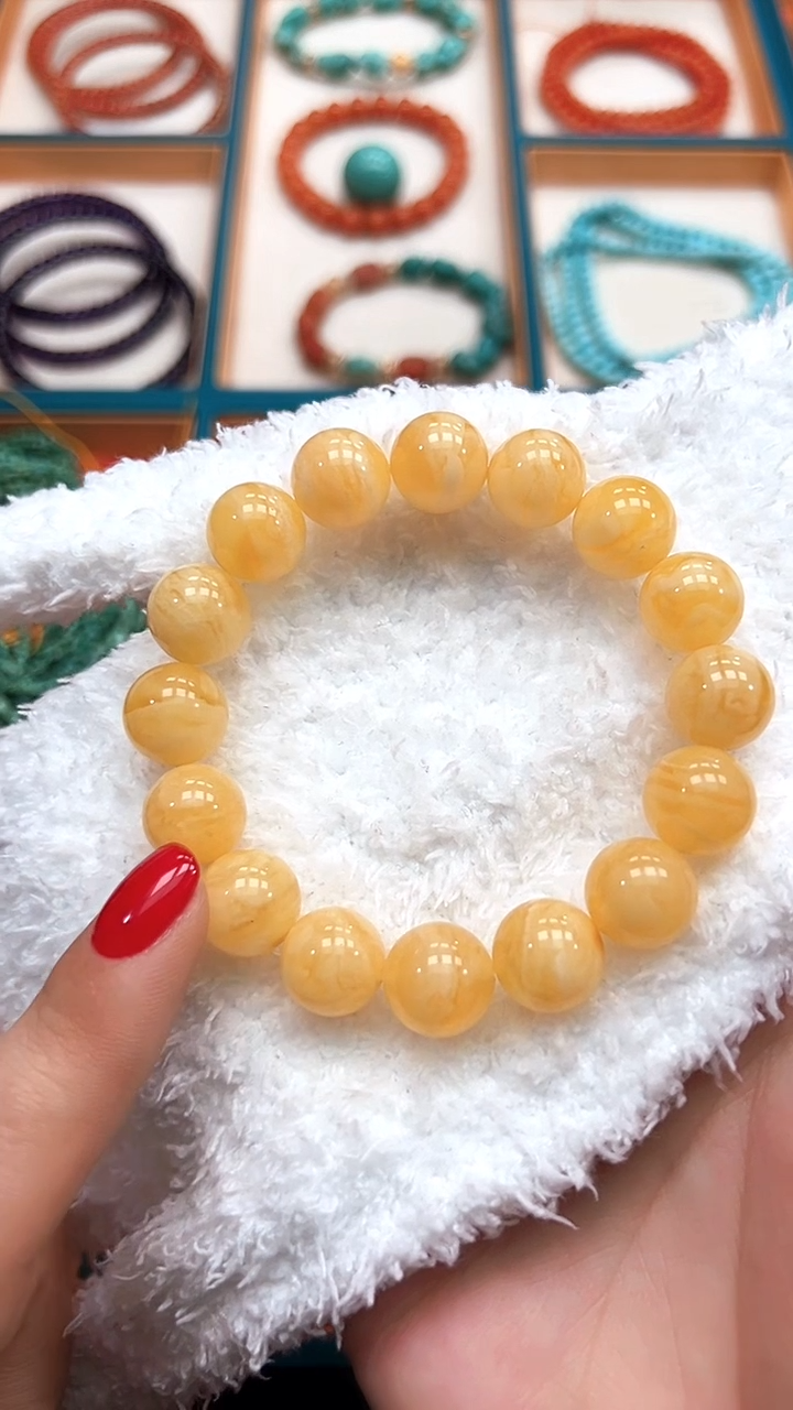 手串蜜蜡未镶嵌国检证书   12+蜜蜡俄白花圆珠单圈