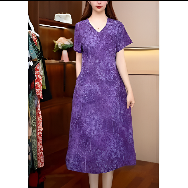 夏季新款暗夜紫蒲公英妈妈装连衣裙显白遮肉