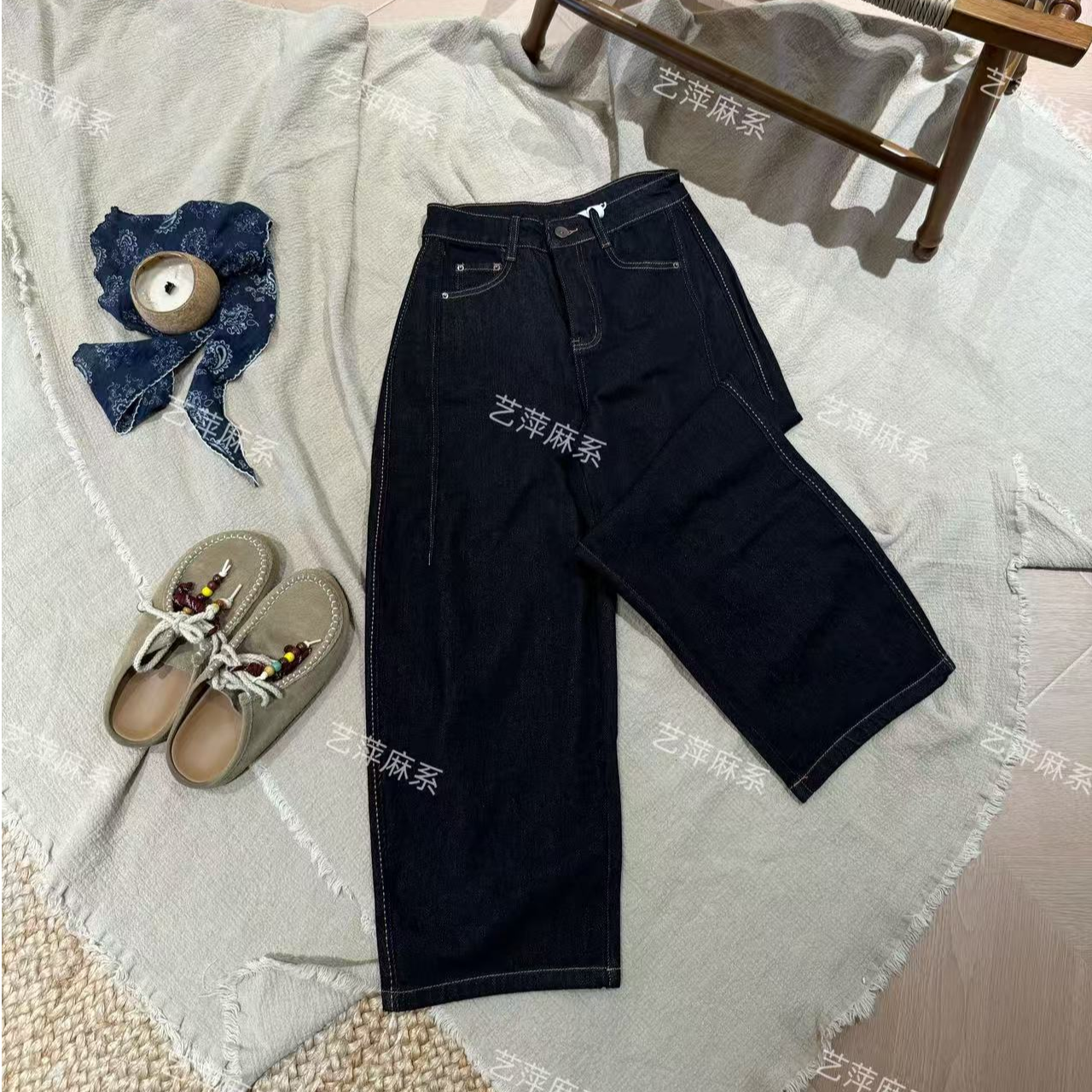 2025新款复古休闲简约宽松收胯弯刀阔腿裤牛仔裤女6016