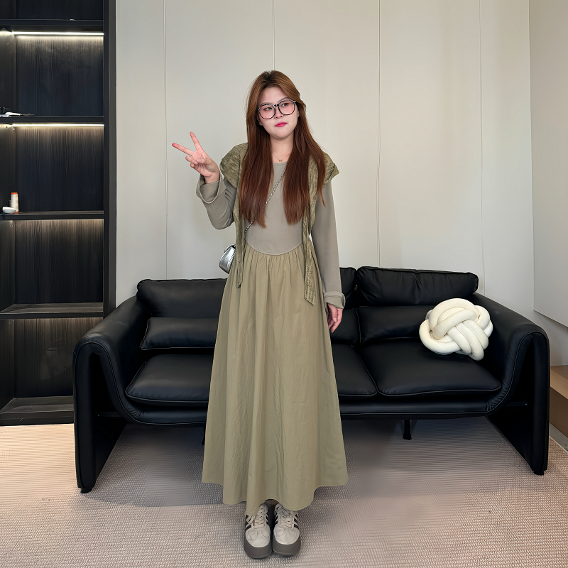 盈盈&南岛风大码女装披肩长袖连衣裙春秋胖mm设计感长裙ZYY1037