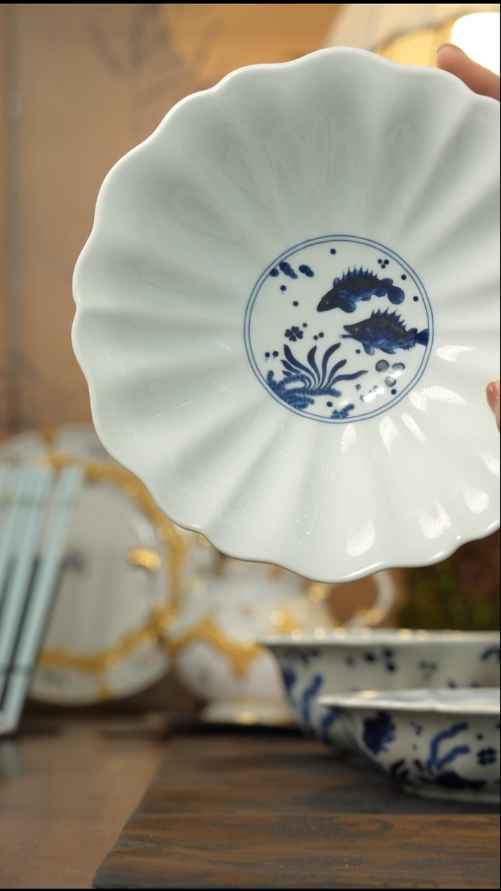 瓷片9"菊花小脚浅碗（深仿古釉/鱼藻纹）