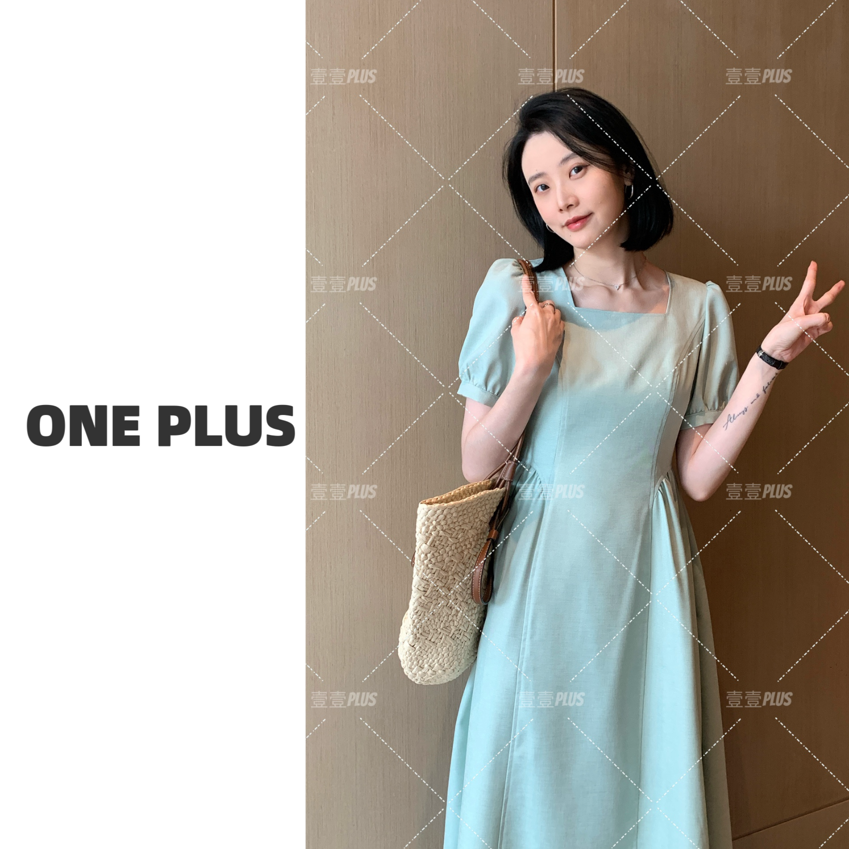 【露水薄荷】方领短袖收腰气质夏季显瘦连衣裙