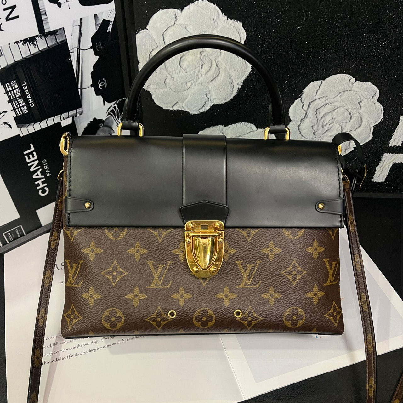 95新 LouisVuitton/路易威登 老花拼黑斜挎包17年B1873#