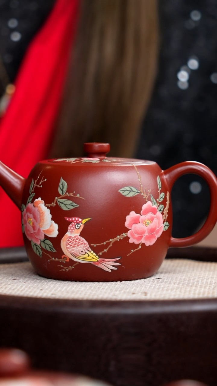 【闪购商品】紫砂茶壶朱泥井栏泥绘花鸟