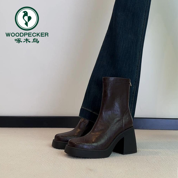 啄木鸟方头高跟厚底瘦瘦靴子2025秋冬新款粗跟法式短靴女马靴子女