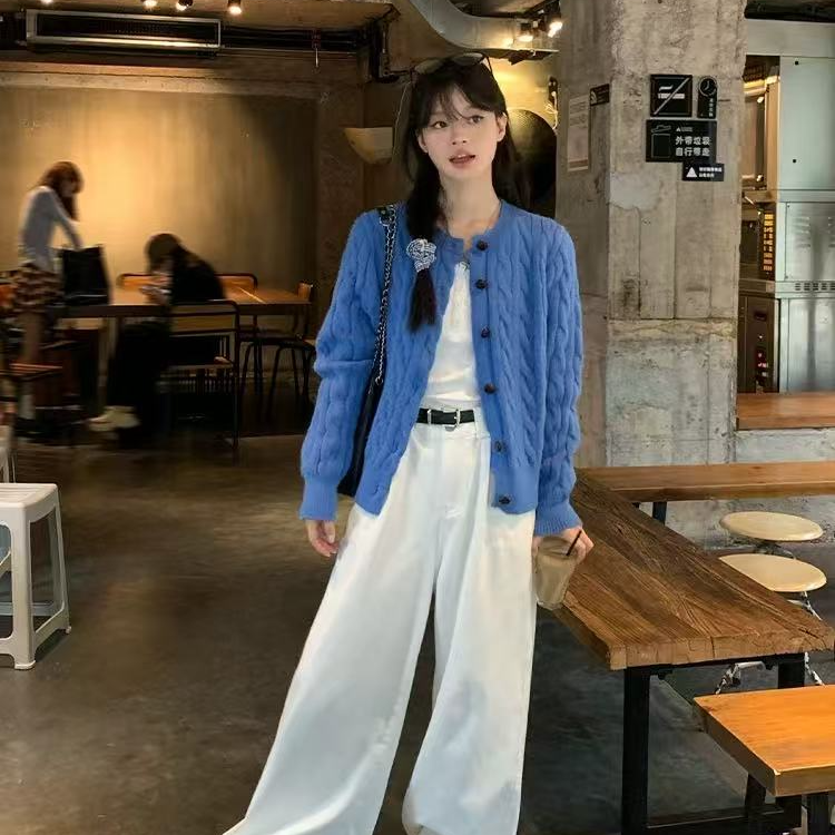 蓝色纽扣麻花针织开衫女春秋季2025新款宽松韩系别致显瘦长袖上衣