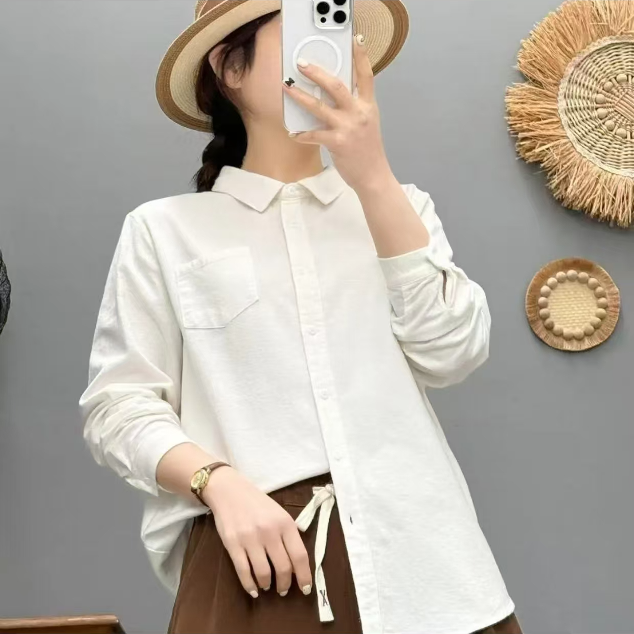 纯色百搭口袋磨毛休闲长袖衬衫简约小衫夏季翻领外套