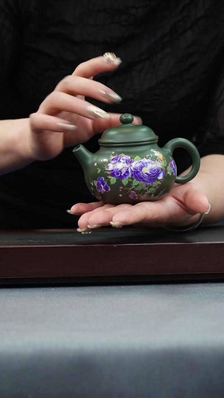 【闪购商品】紫砂茶壶绿泥 容天 花鸟珐琅彩（幻彩）