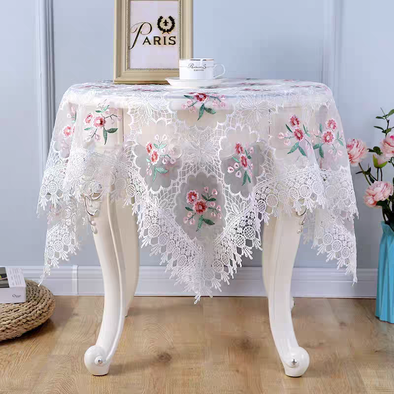 A798-2丝光线（90cm方）白色桃花水溶花边盖巾