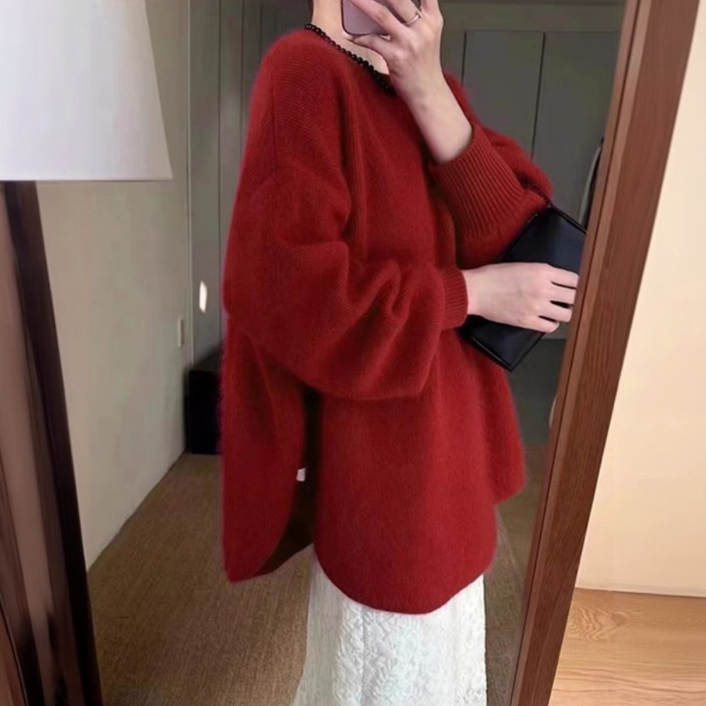 秋冬宽松慵懒风中长款针织衫内搭圆弧欧洲站毛衣女打底衫软糯上衣