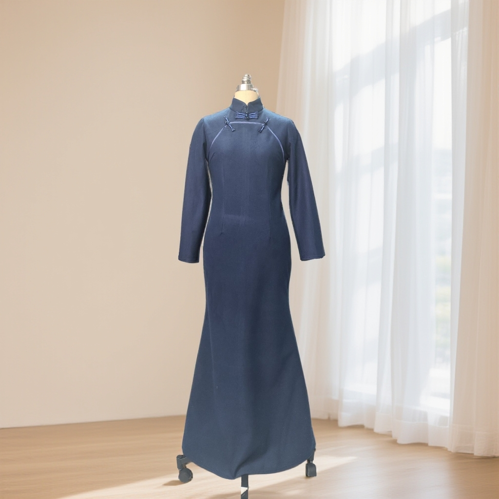 缘织裳【藏蓝幽韵】原创自制冬款藏蓝丝光绒复合加厚复古鱼尾裙