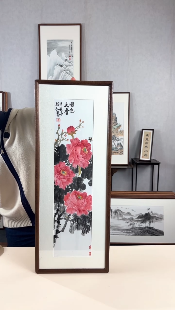 【闪购商品】国画手绘*牡丹*28*72cm实木框