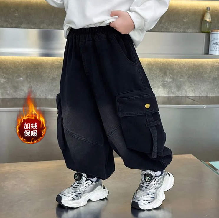 男童加绒裤子灯笼裤冬款2025新款儿童工装裤中小童牛仔裤宽松长裤