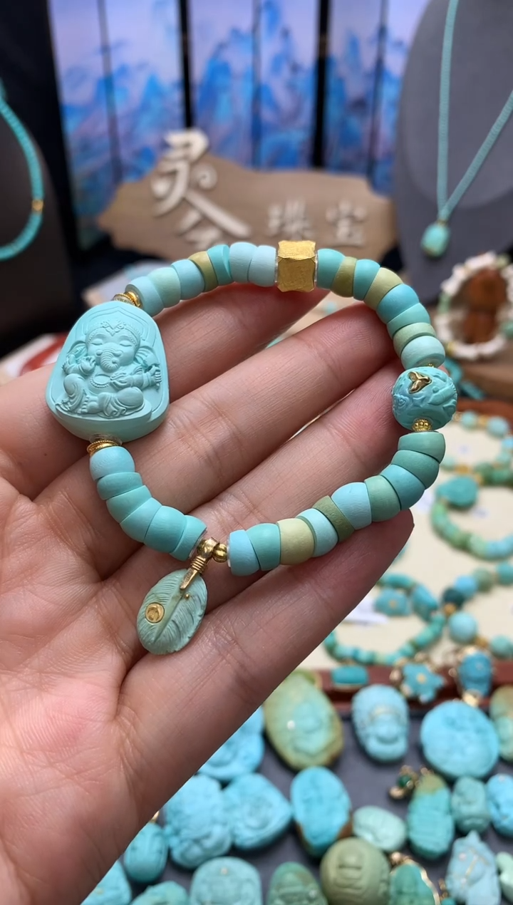 【闪购商品】绿松石手链18K金镶嵌高瓷绿松石大肠手链