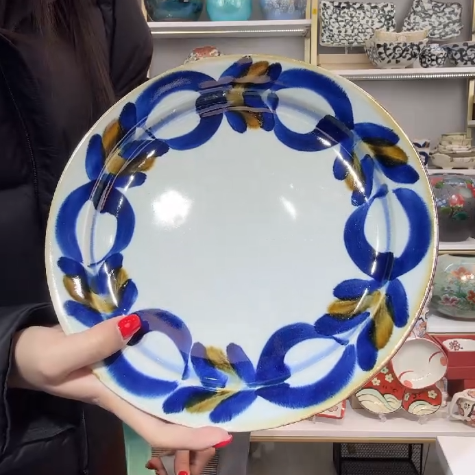【单支】日本进口蓝染窑盘24cm-海草纹